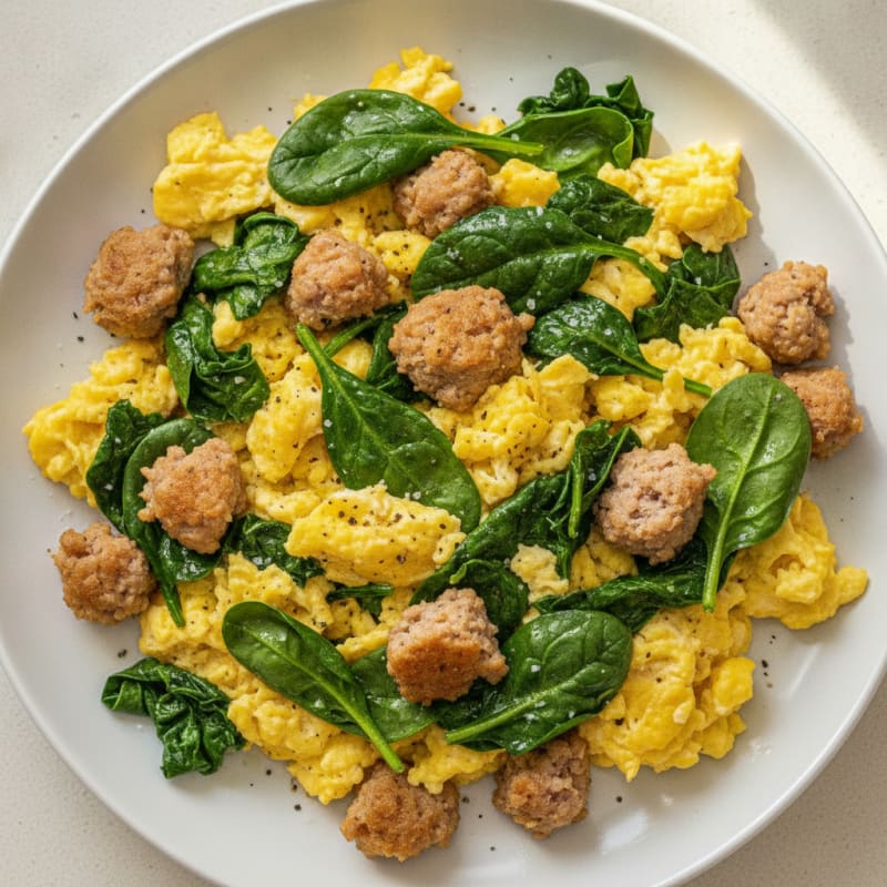 Scrambled Eggs with Sautéed Spinach and Turkey Sausage