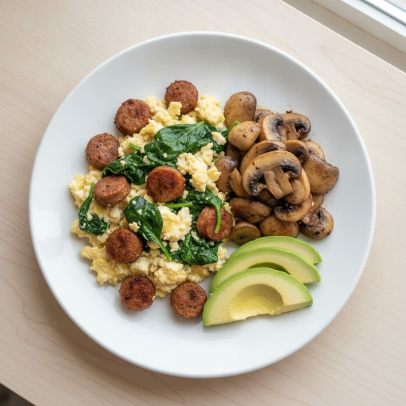 Egg White Spinach Scramble with Turkey Sausage and Sautéed Mushrooms
