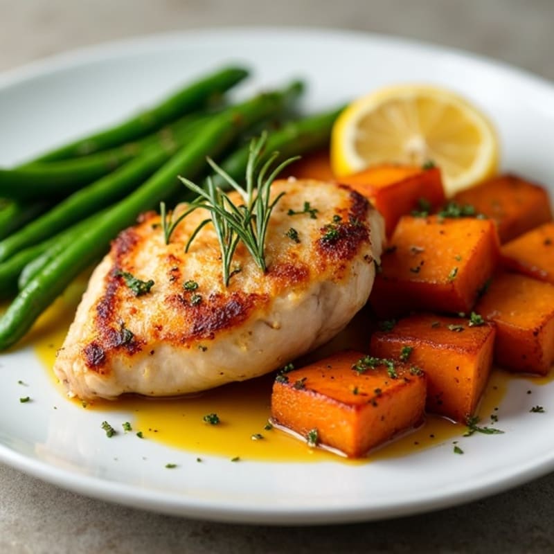 Crispy Skinned Lemon-Herb Chicken with Roasted Sweet Potatoes and Green Beans