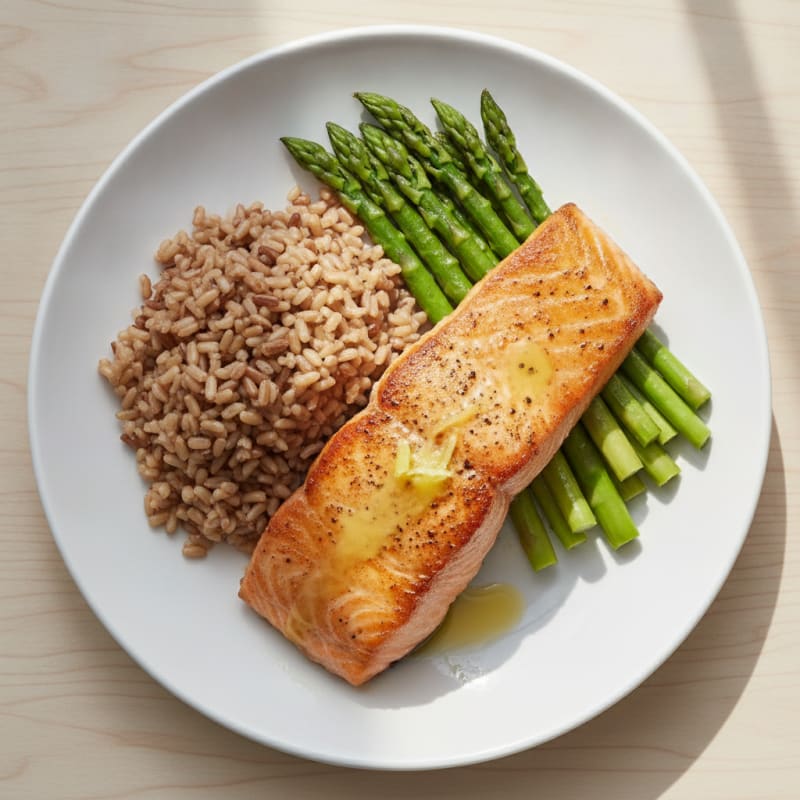 Seared Salmon with Steamed Asparagus and Brown Rice