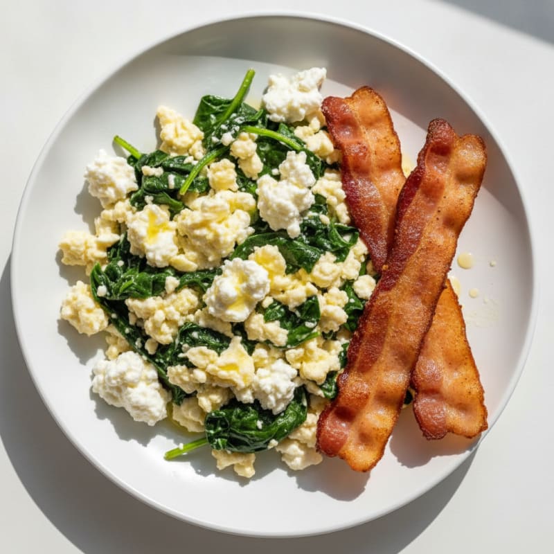 Egg White Spinach Scramble with Cottage Cheese and Turkey Bacon