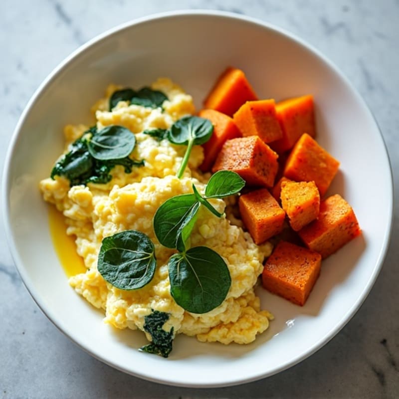 Egg White and Spinach Scramble with Roasted Sweet Potato