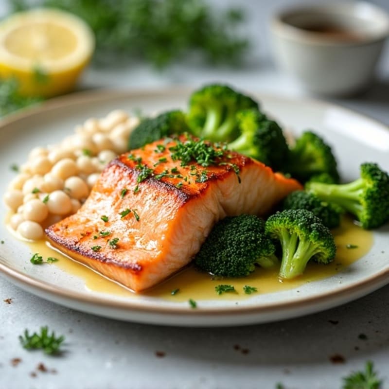 Seared Salmon with Creamy White Bean Mash and Steamed Broccoli
