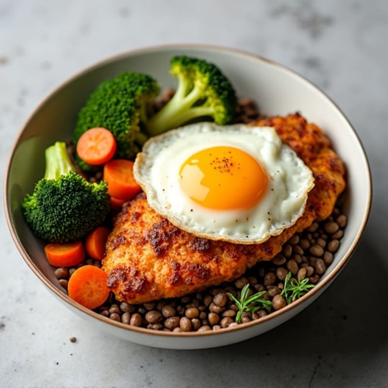 Crispy Lemon-Herb Chicken and Roasted Sweet Potato Bowl with Broccoli, Carrots, and Lentils, topped with a Fried Egg