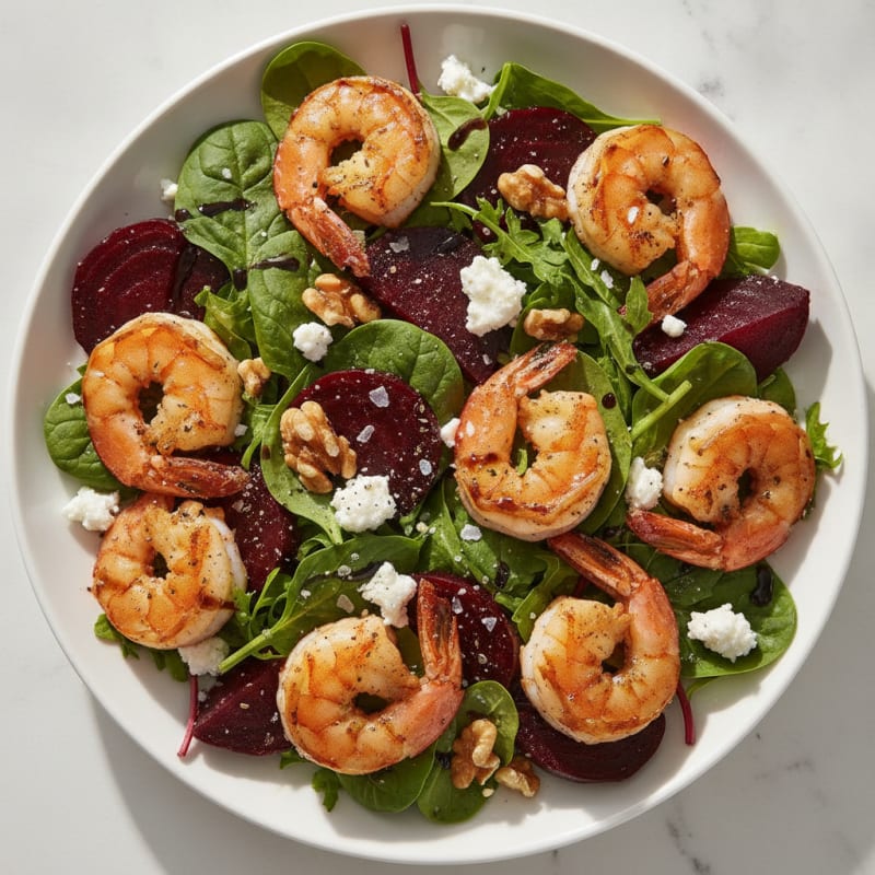 Roasted Beet and Goat Cheese Salad with Shrimp