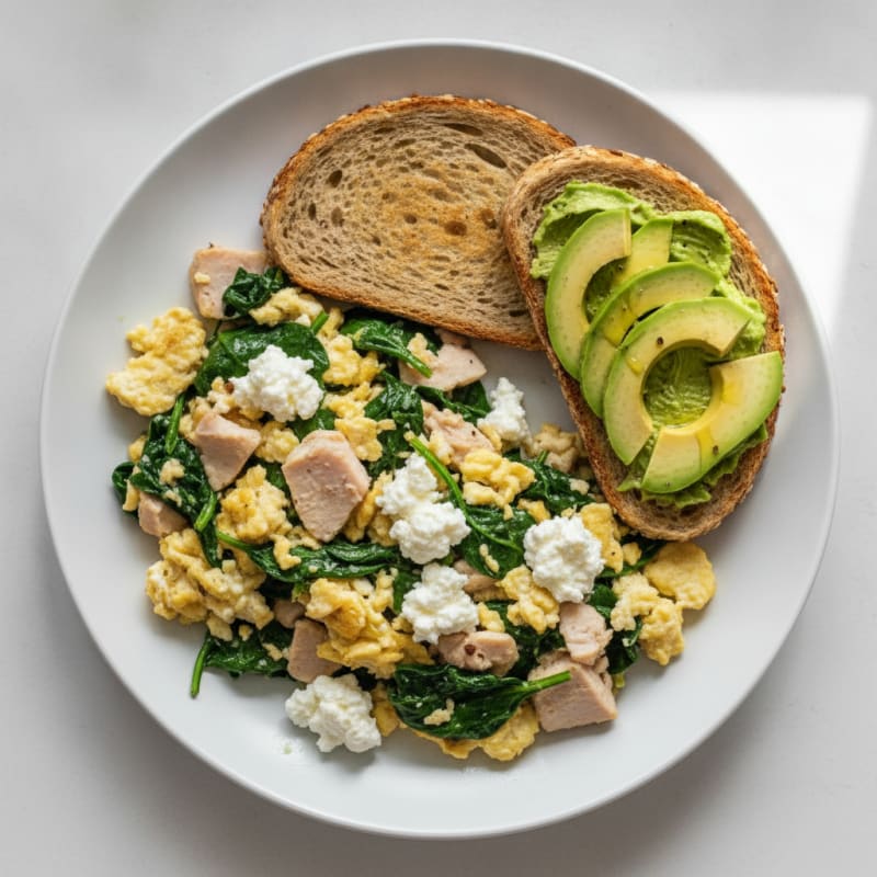 Egg White and Spinach Scramble with Cottage Cheese and Sliced Turkey
