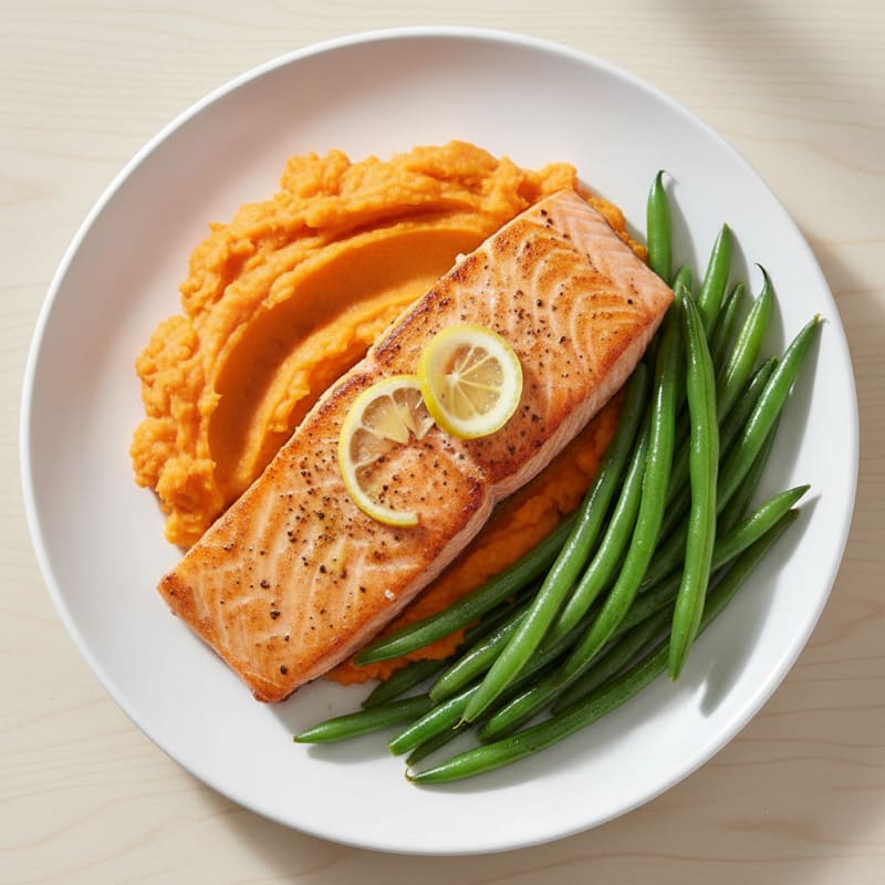 Seared Salmon Fillet with Steamed Green Beans and Sweet Potato Mash