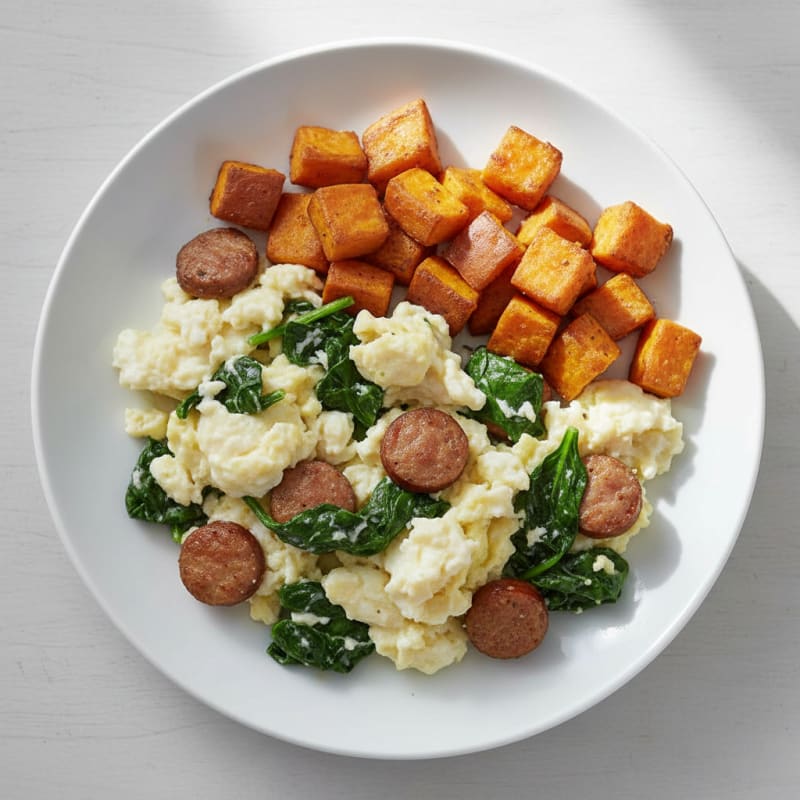 Egg White Scramble with Turkey Sausage and Sautéed Spinach