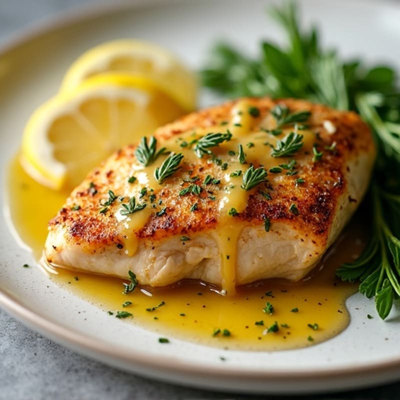 Herb-Crusted Pan Seared Chicken with Lemon Garlic Sauce
