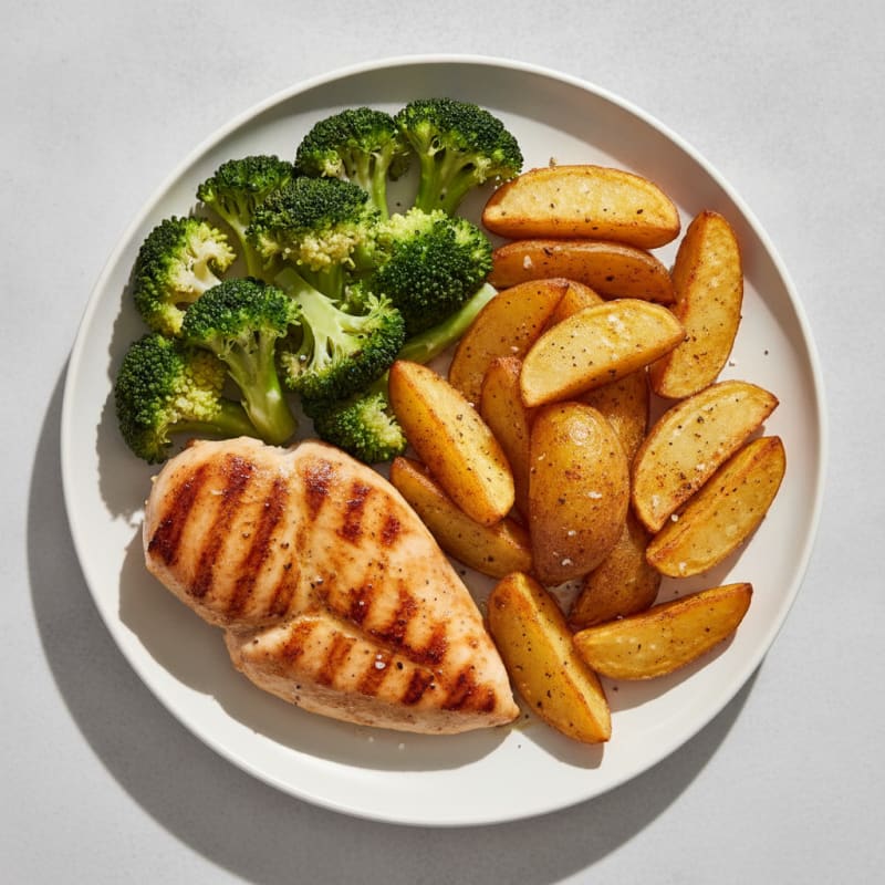 Grilled Chicken Breast with Crispy Potato Wedges and Steamed Broccoli