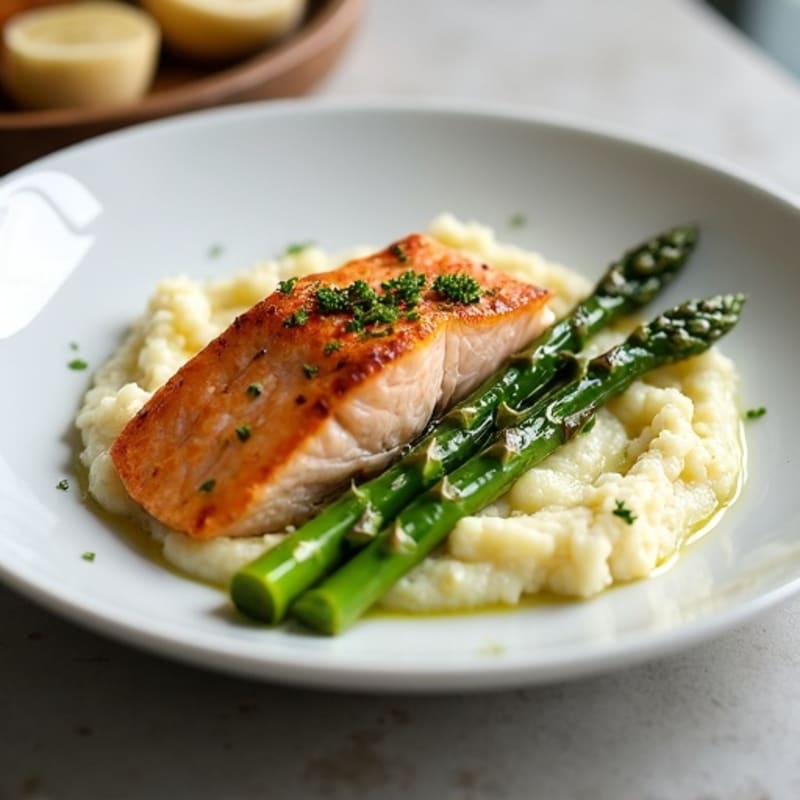Seared Salmon with Steamed Asparagus and Cauliflower Mash