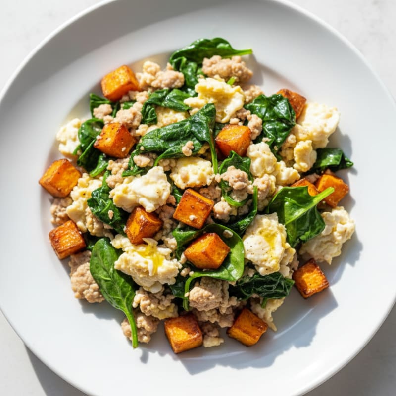 Egg White and Turkey Spinach Scramble with Roasted Sweet Potatoes