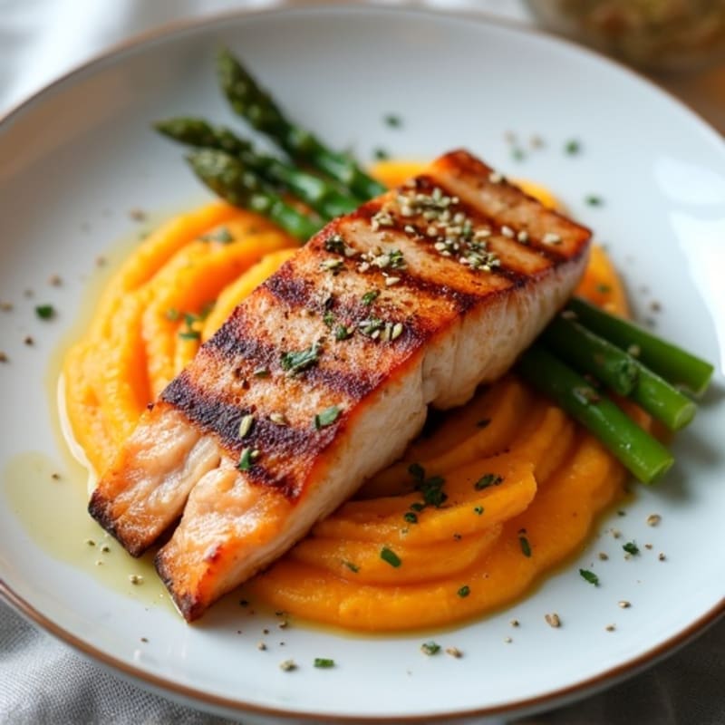 Seared Salmon with Roasted Asparagus and Sweet Potato Mash