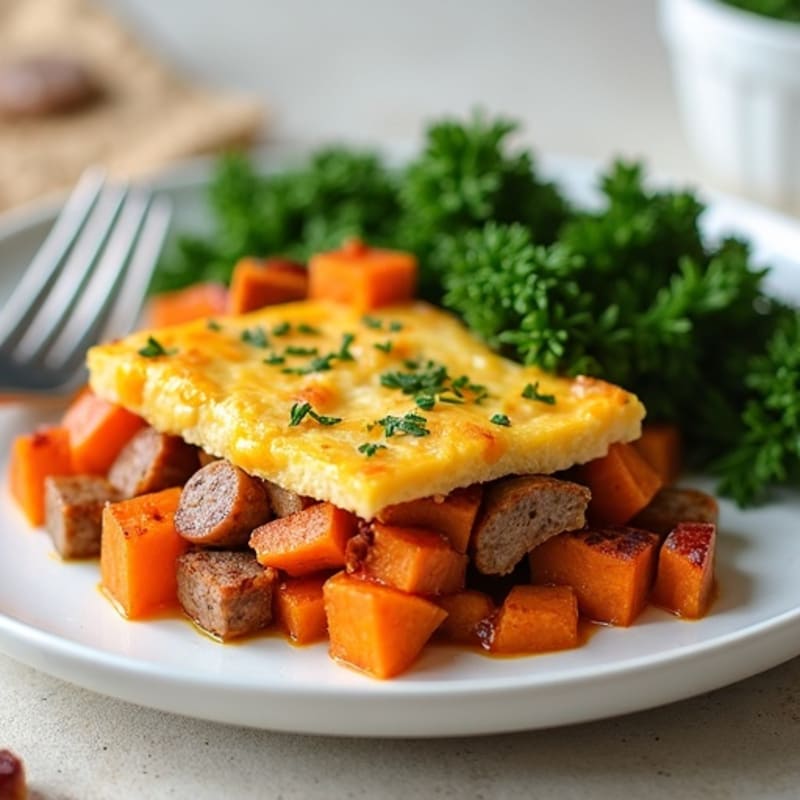 Baked Sausage and Roasted Sweet Potato Casserole with Greens