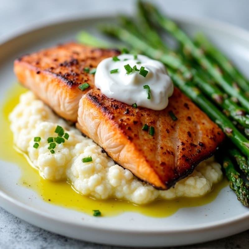 Seared Salmon with Steamed Asparagus and Cauliflower Mash