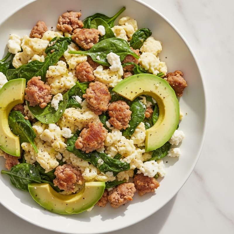 Egg White and Turkey Sausage Scramble with Spinach and Feta