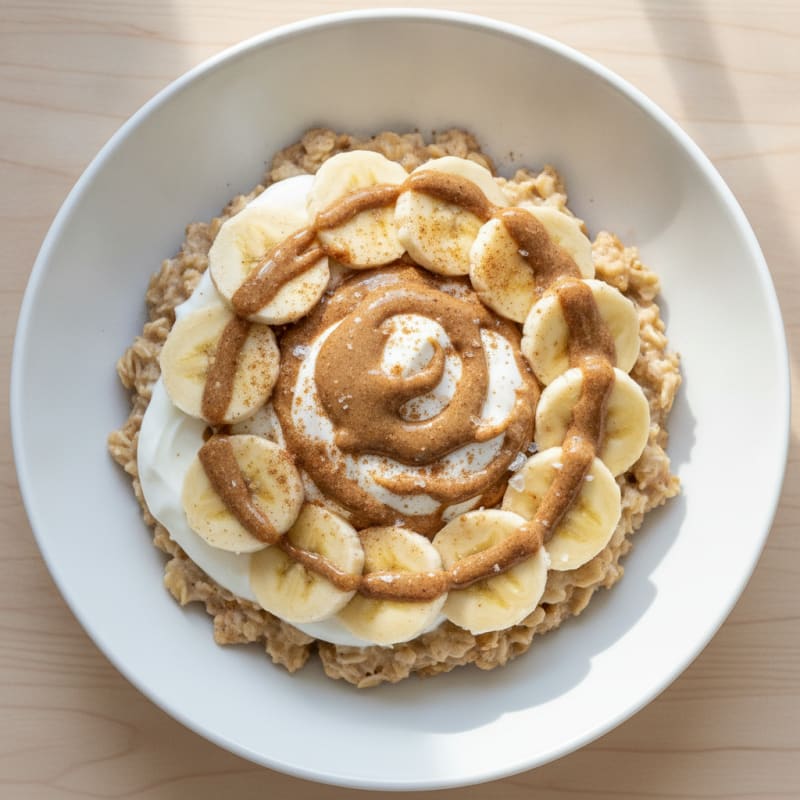 Almond Butter Banana Oatmeal Bowl with 2% Greek Yogurt