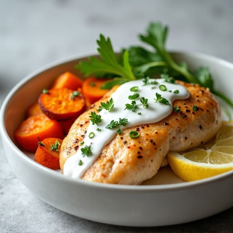 Creamy Garlic Chicken with Roasted Sweet Potatoes