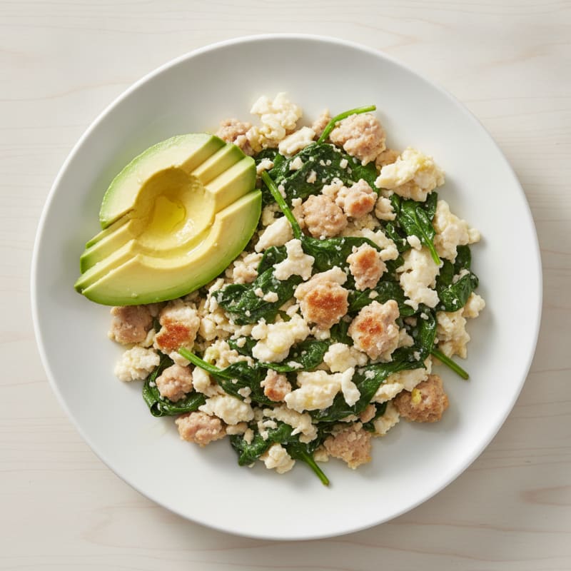 Egg White and Turkey Sausage Scramble with Sautéed Spinach