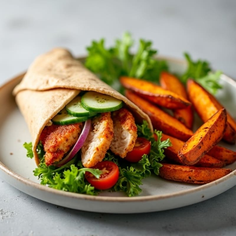Crispy Chicken and Fresh Veggie Wrap with Roasted Sweet Potato Wedges