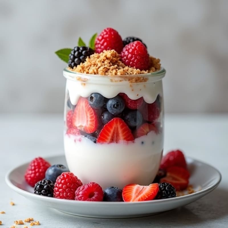 High-Protein Greek Yogurt Parfait with Mixed Berries and Protein Bread Crumble