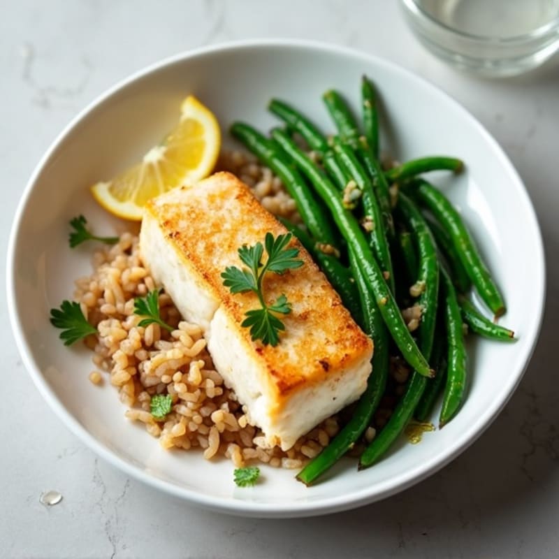 Seared Cod with Lemon Garlic Green Beans and Brown Rice