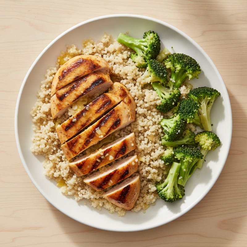 Grilled Lemon Chicken Breast with Quinoa and Steamed Broccoli