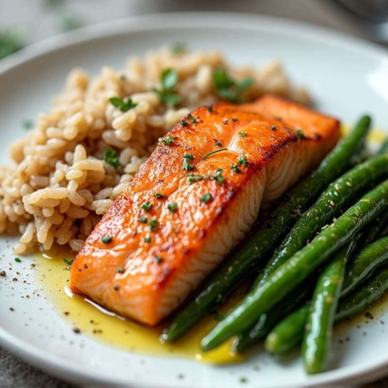Seared Salmon Filet with Garlic Green Beans and Brown Rice