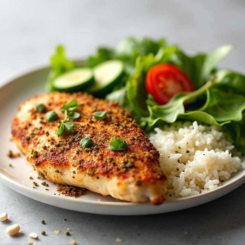 Herb-Crusted Chicken with Fresh Garden Salad and Fluffy Rice