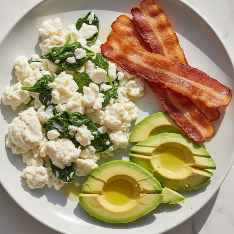 Scrambled Egg Whites with Sautéed Spinach and Turkey Bacon