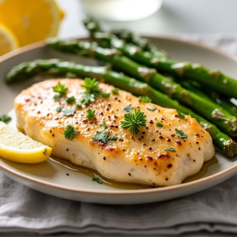 Lemon Garlic Pan-Seared Chicken Breast with Roasted Asparagus