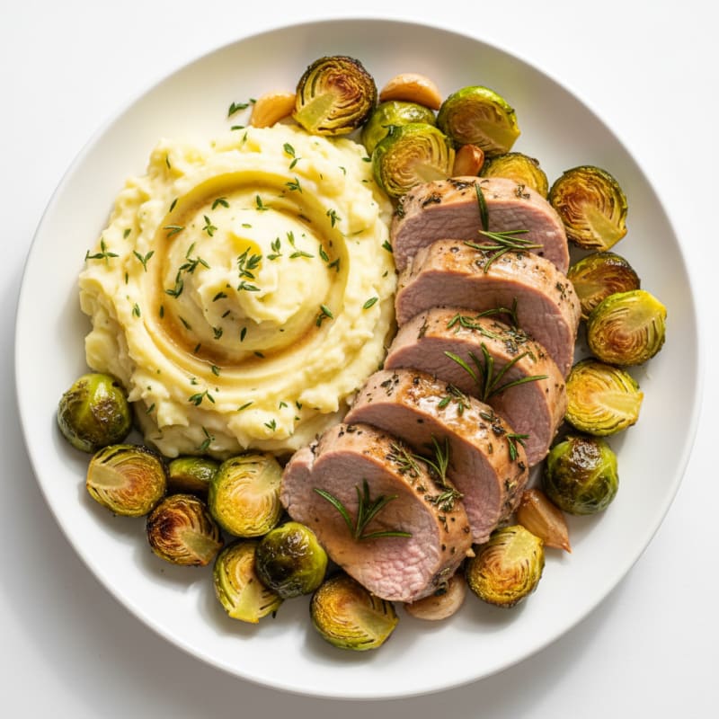 Herb-Baked Pork Tenderloin with Garlic Mashed Potatoes and Roasted Brussels Sprouts