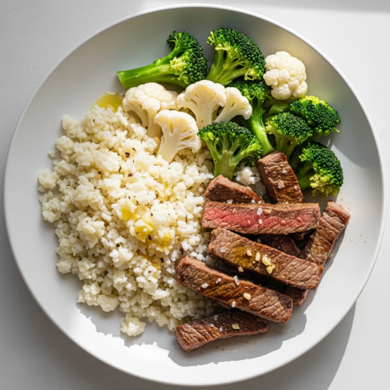 Seared Lean Beef Strips with Steamed Broccoli and Cauliflower Rice