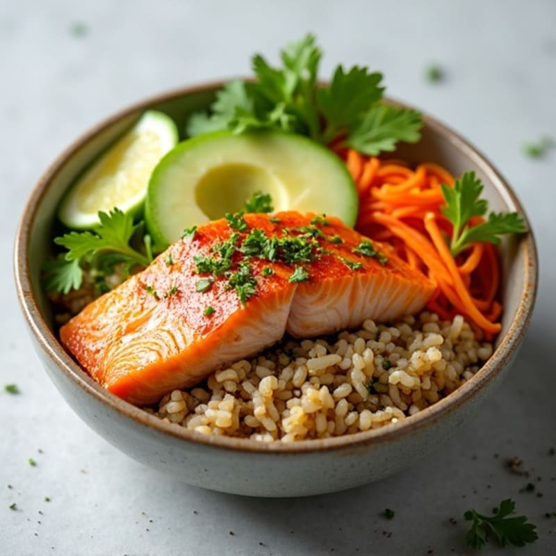 Fresh Salmon Rice Bowl with Creamy Avocado and Crunchy Vegetables