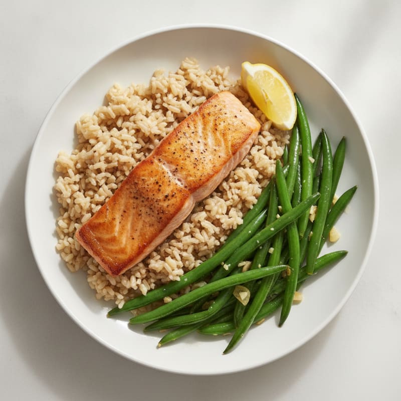 Seared Salmon with Garlic Green Beans and Brown Rice