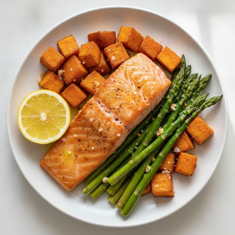 Seared Salmon with Roasted Sweet Potato and Asparagus