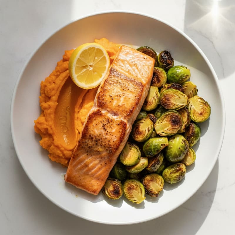 Seared Salmon with Roasted Brussels Sprouts and Sweet Potato Mash