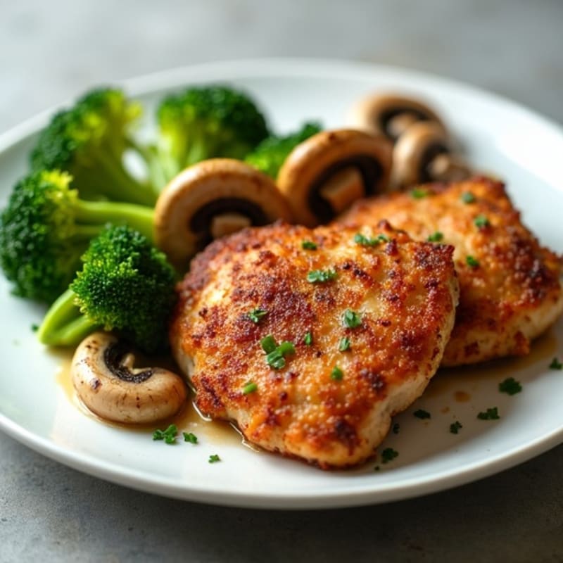 Crispy Chicken Thighs with Roasted Garlic Butter Mushrooms and Broccoli