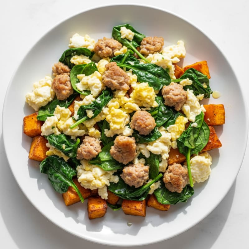Egg White and Turkey Sausage Scramble with Spinach and Roasted Sweet Potato