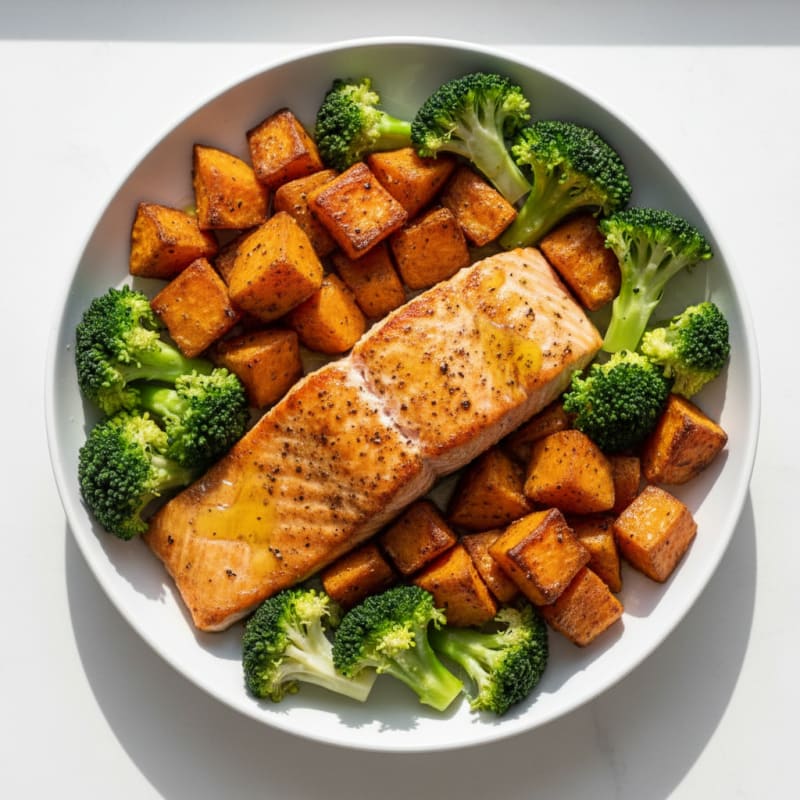 Pan-Seared Salmon with Roasted Sweet Potatoes and Steamed Broccoli