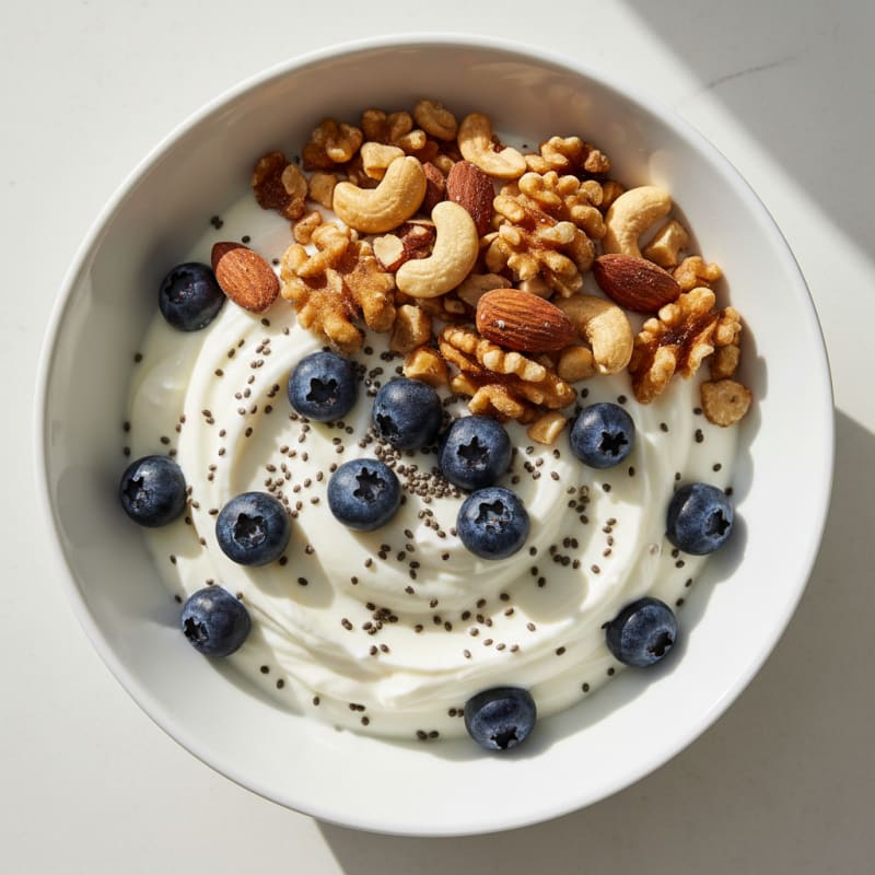 Creamy Whey Protein Yogurt Parfait with Chia and Mixed Nuts