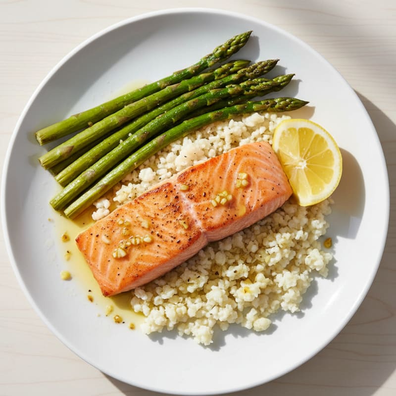 Seared Salmon with Roasted Asparagus and Cauliflower Rice