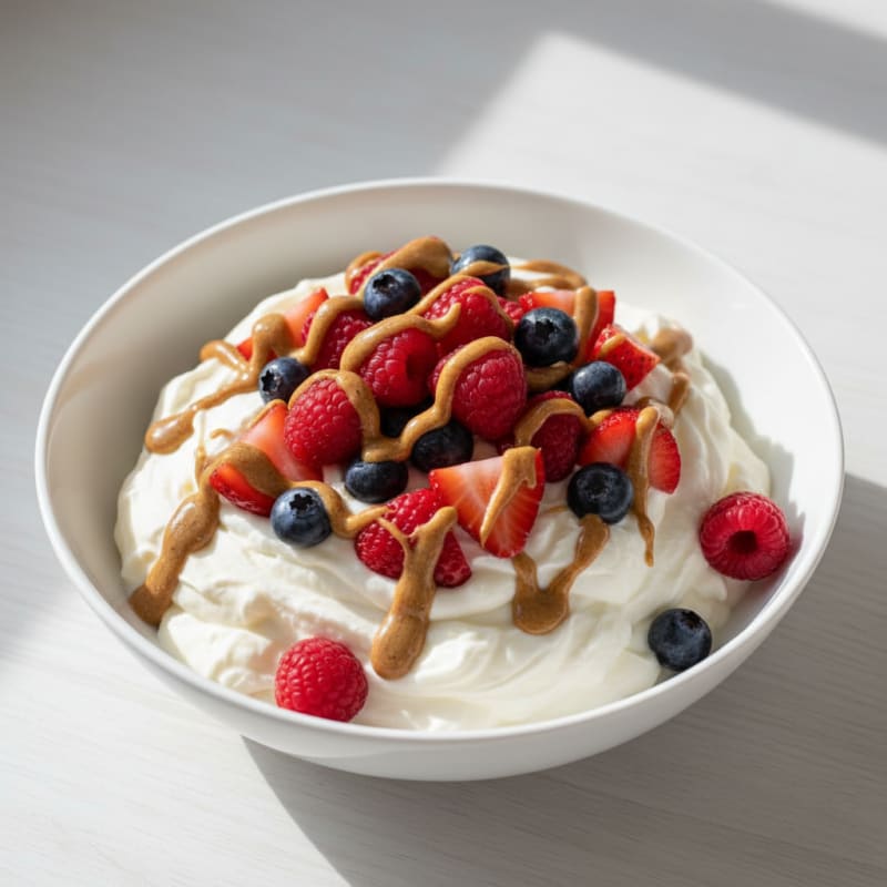 Silky Protein Greek Yogurt with Mixed Berries and Almond Butter