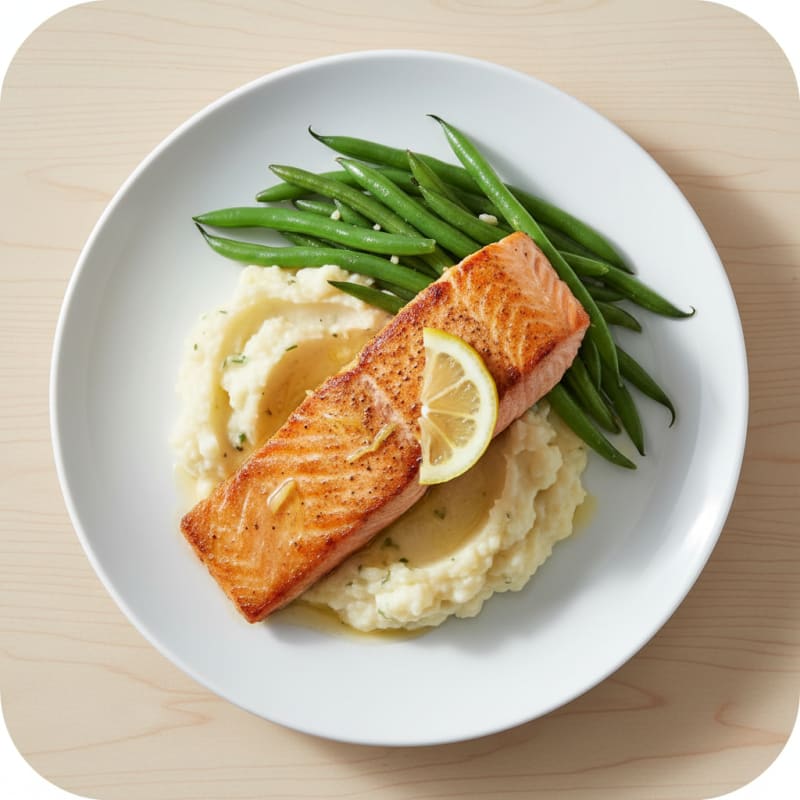 Seared Salmon with Steamed Green Beans and Garlic Mashed Cauliflower