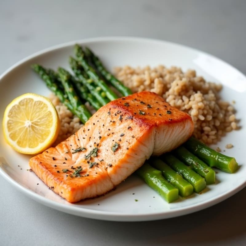 Seared Salmon with Steamed Asparagus and Brown Rice