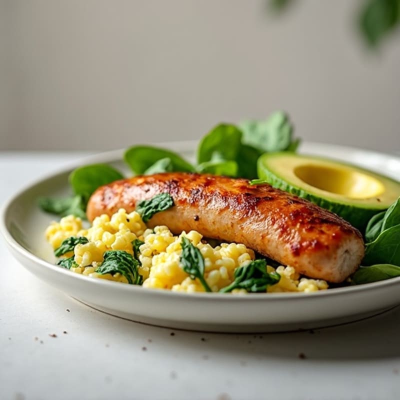 Egg White Spinach Scramble with Seared Turkey Sausage