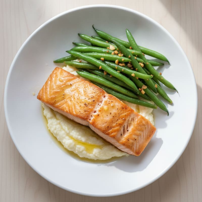 Seared Salmon with Garlic Green Beans and Cauliflower Mash