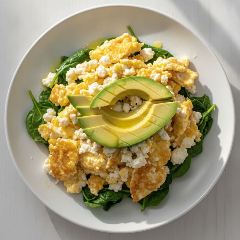 Scrambled Eggs with Cottage Cheese and Sautéed Spinach