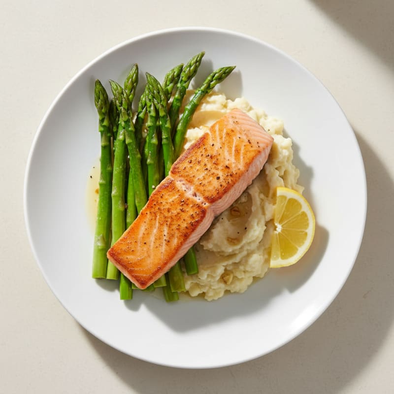 Seared Salmon with Steamed Asparagus and Garlic Cauliflower Mash