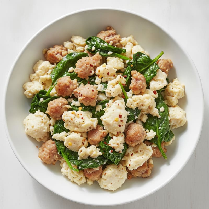 Scrambled Egg Whites with Turkey Sausage and Sautéed Spinach